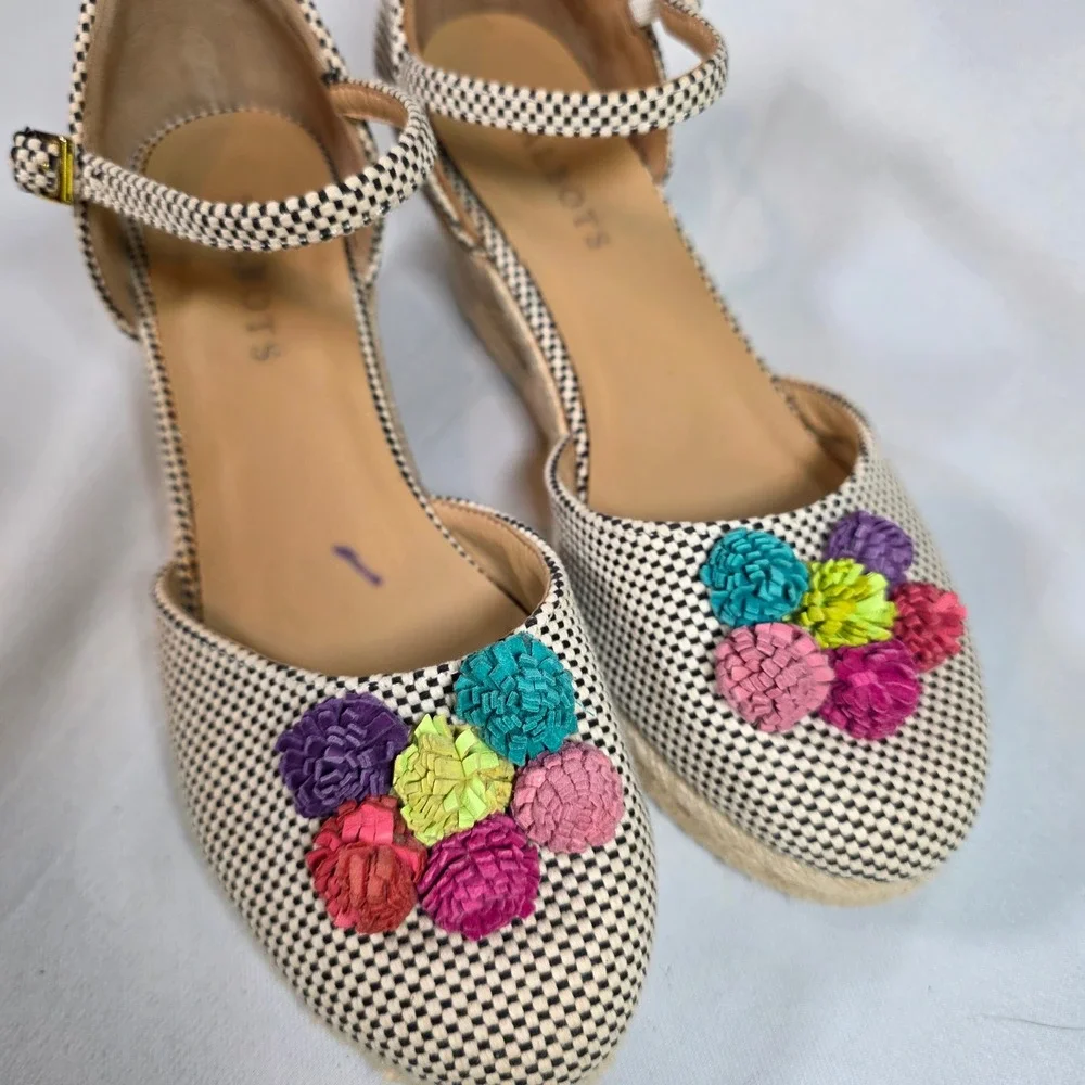 Talbots Lyndsay D'Orsay Cotton Espadrille Wedges Womens 7‎ Colorful Pom Pom
